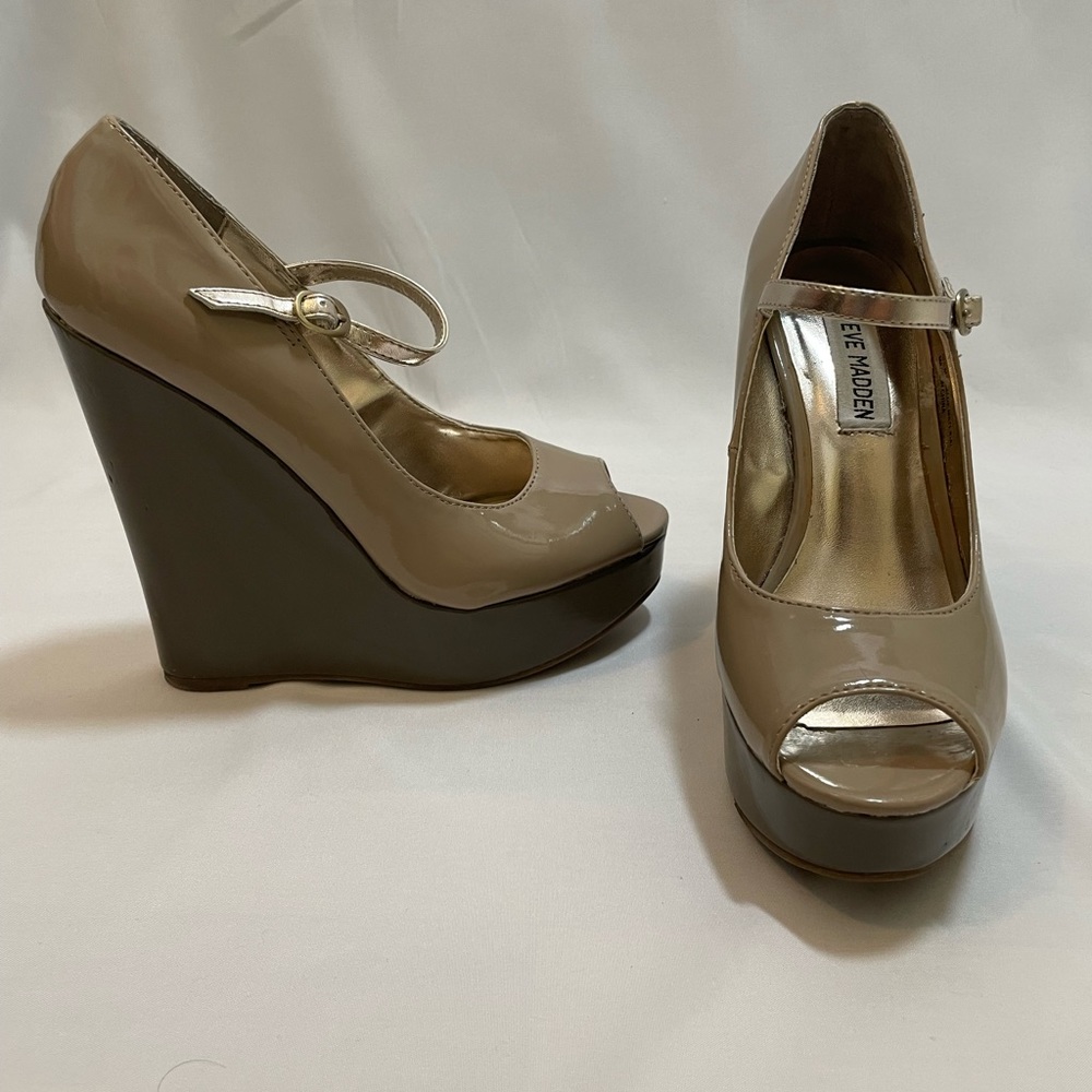 Steve Madden Platform Strap Wedges - Nude Patent Leather Open Toe Magee, Size 6